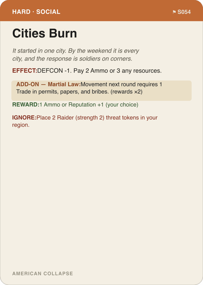 Scenario card: Cities Burn